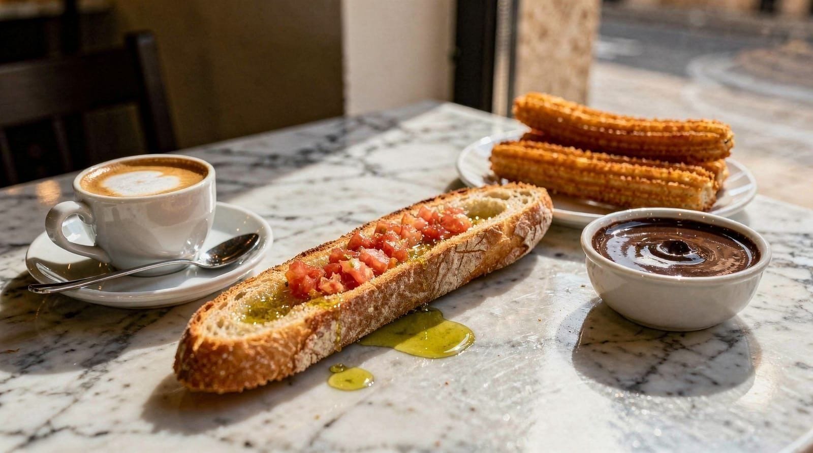 El desayuno en Sevilla: tostada, churros y el ritual mañanero andaluz — Cómo desayunan los sevillanos: tostada con tomate, churros con chocolate, café c