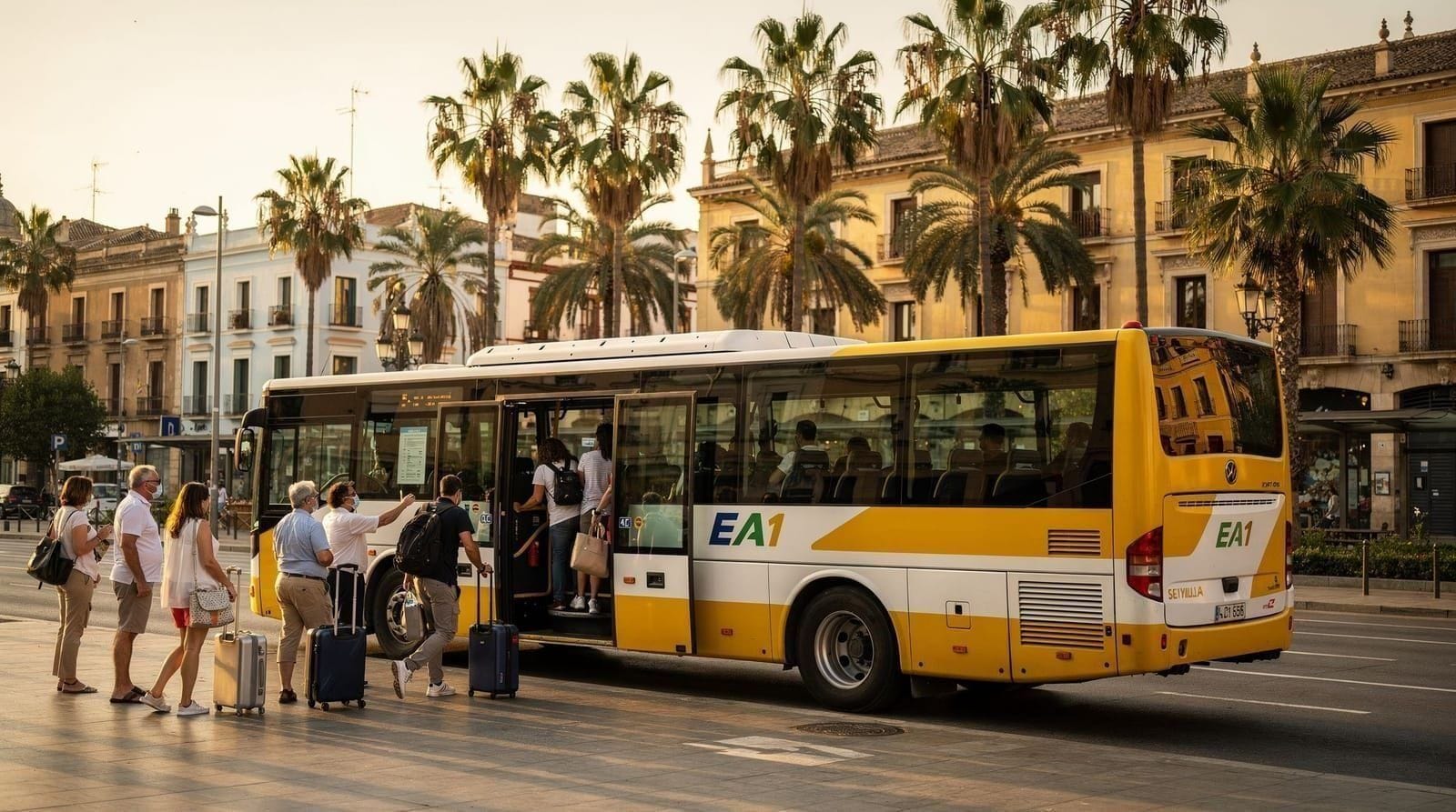 Del aeropuerto de Sevilla al centro: guía paso a paso — Bus EA €4, taxi tarifa fija ~€24, transfer privado. Guía para llegar al centro d